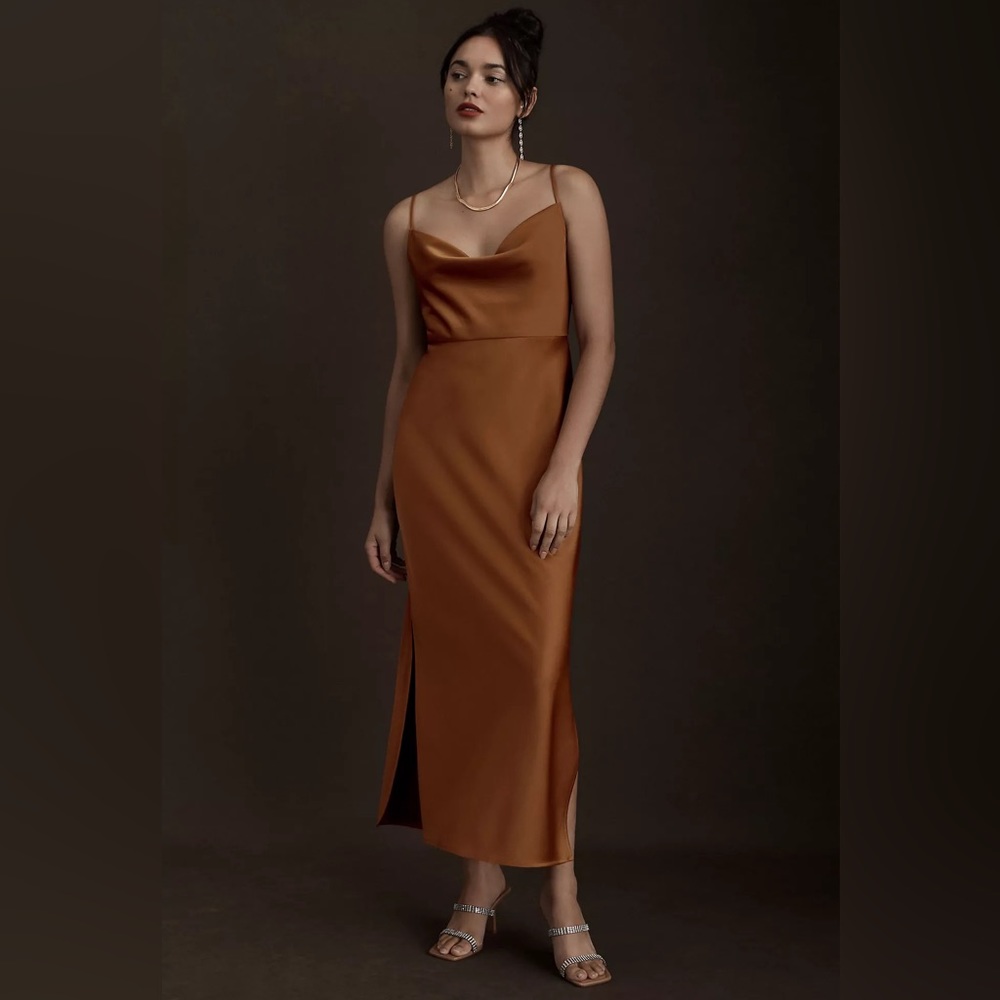 BHLDN Cali Satin Charmeuse Midi Dress RUST